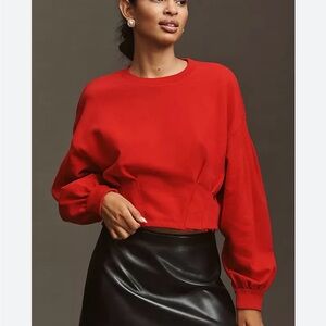 Anthropologie Red Cropped Crewneck Sweatshirt with Balloon Sleeves
